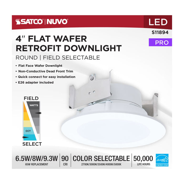 Downlight Retrofit Satco S11894 6.5/8/9.3 Watt LED Downlight Retrofit - 27K/30K/35K/40K/50K CCT - 4 Inch - Flat Wafer - Round - Matte White Finish Satco