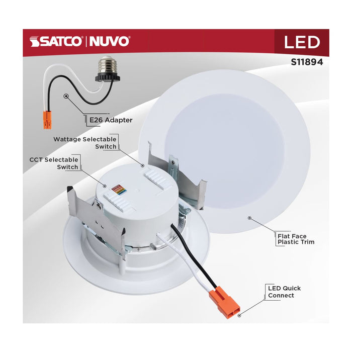Downlight Retrofit Satco S11894 6.5/8/9.3 Watt LED Downlight Retrofit - 27K/30K/35K/40K/50K CCT - 4 Inch - Flat Wafer - Round - Matte White Finish Satco