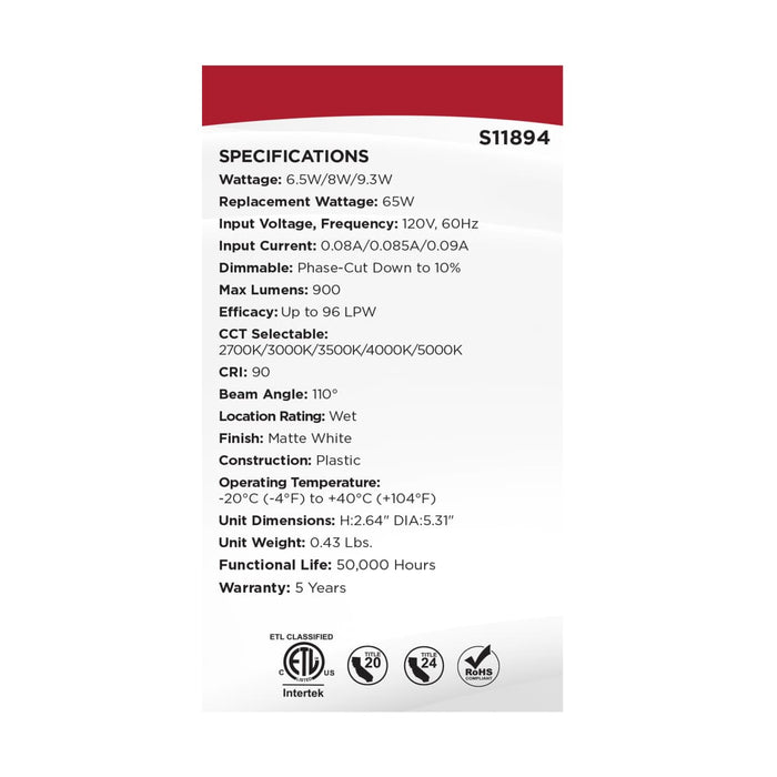 Downlight Retrofit Satco S11894 6.5/8/9.3 Watt LED Downlight Retrofit - 27K/30K/35K/40K/50K CCT - 4 Inch - Flat Wafer - Round - Matte White Finish Satco