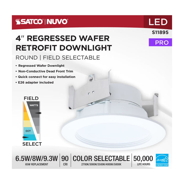 Downlight Retrofit Satco S11895 6.5/8/9.3 Watt LED Downlight Retrofit - 27K/30K/35K/40K/50K CCT - 4 Inch - Regressed Wafer - Round - Matte White Finish Satco
