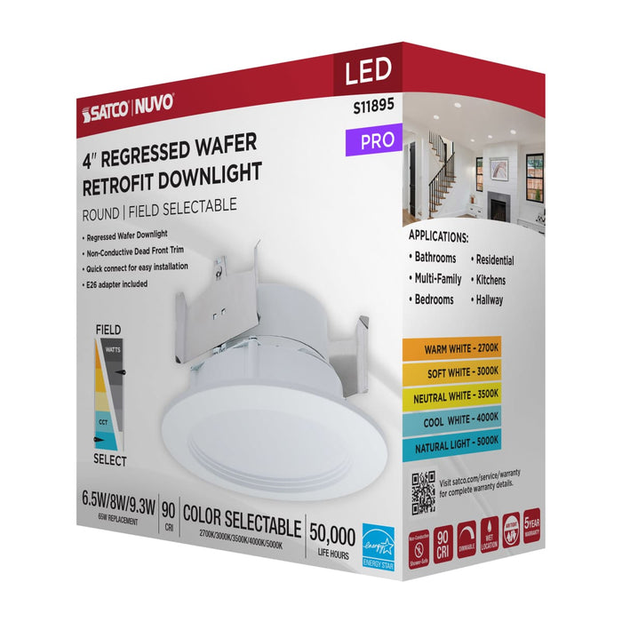 Downlight Retrofit Satco S11895 6.5/8/9.3 Watt LED Downlight Retrofit - 27K/30K/35K/40K/50K CCT - 4 Inch - Regressed Wafer - Round - Matte White Finish Satco