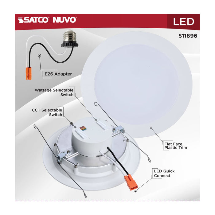 Downlight Retrofit Satco S11896 9/11/13 Watt LED Downlight Retrofit - 27K/30K/35K/40K/50K CCT - 6 Inch - Flat Wafer - Round - Matte White Finish Satco