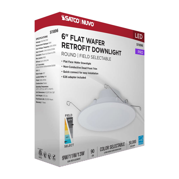 Downlight Retrofit Satco S11896 9/11/13 Watt LED Downlight Retrofit - 27K/30K/35K/40K/50K CCT - 6 Inch - Flat Wafer - Round - Matte White Finish Satco