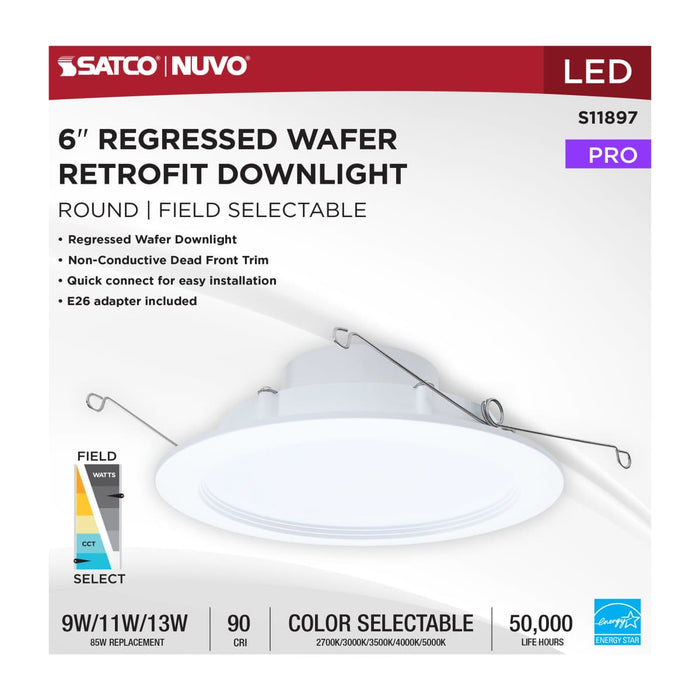 Downlight Retrofit Satco S11897 9/11/13 Watt LED Downlight Retrofit - 27K/30K/35K/40K/50K CCT - 6 Inch - Regressed Wafer - Round - Matte White Finish Satco