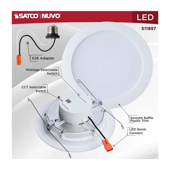 Downlight Retrofit Satco S11897 9/11/13 Watt LED Downlight Retrofit - 27K/30K/35K/40K/50K CCT - 6 Inch - Regressed Wafer - Round - Matte White Finish Satco