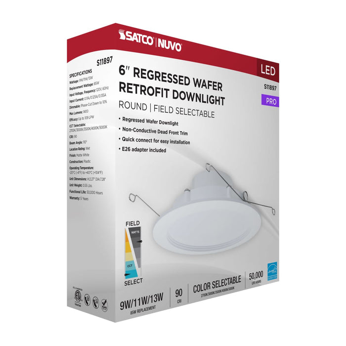 Downlight Retrofit Satco S11897 9/11/13 Watt LED Downlight Retrofit - 27K/30K/35K/40K/50K CCT - 6 Inch - Regressed Wafer - Round - Matte White Finish Satco