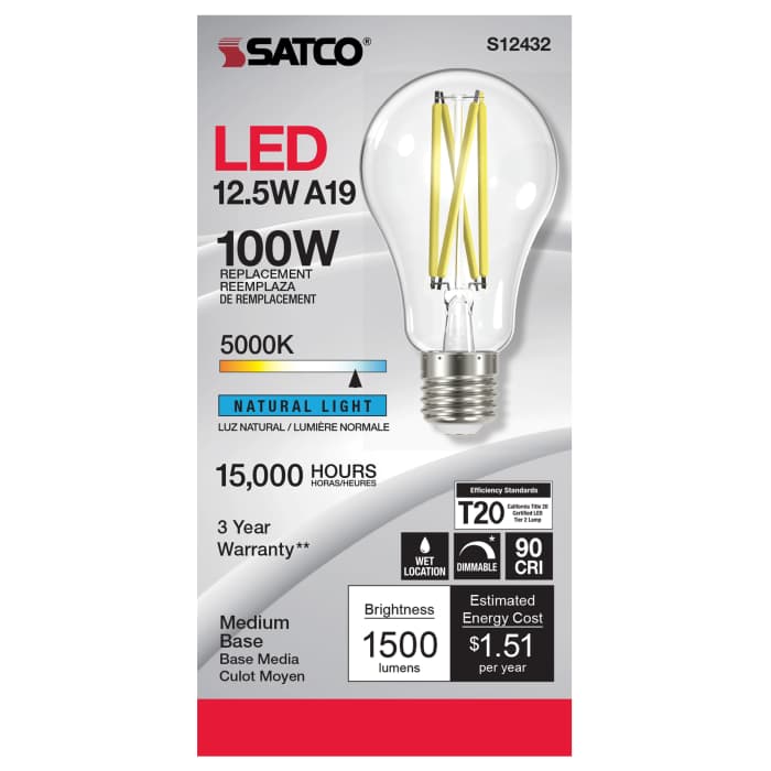 Satco S12432 Clear A19 LED Filament Bulb  12.5W 100W Equiv 5000K LightStoreUSA