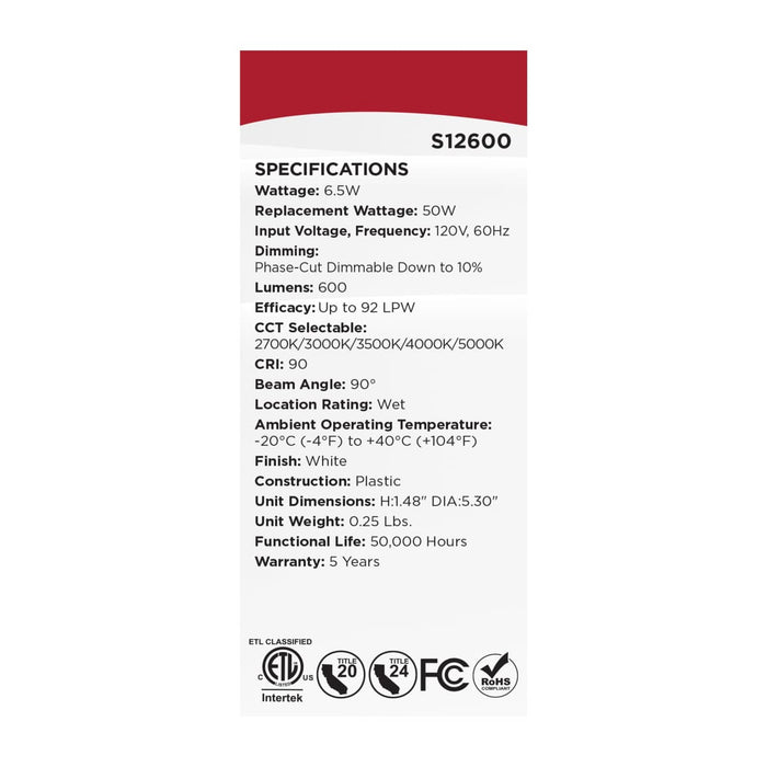 Downlight Retrofit Satco S12600 6 Watt LED Downlight Retrofit - 4 Inch - CCT Selectable - Round - White Finish Satco