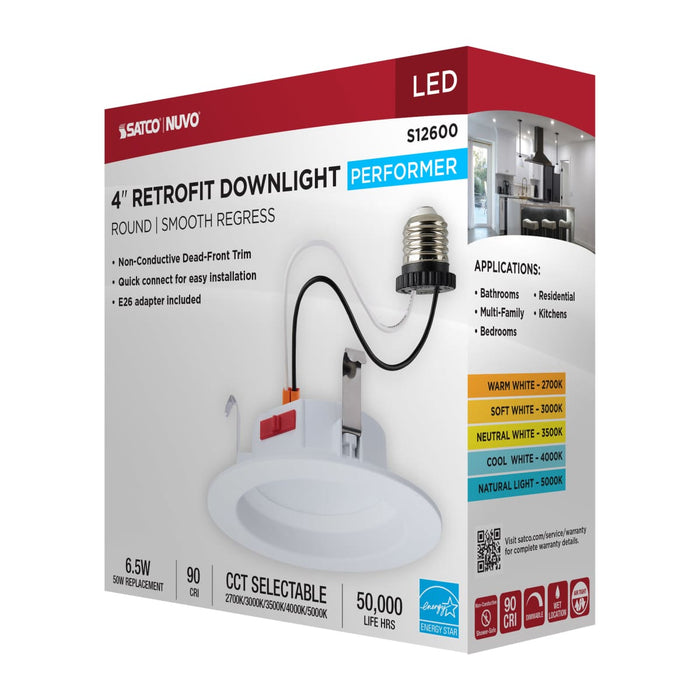 Downlight Retrofit Satco S12600 6 Watt LED Downlight Retrofit - 4 Inch - CCT Selectable - Round - White Finish Satco