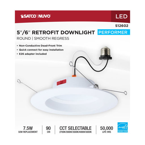 Downlight Retrofit Satco S12602 8 Watt LED Downlight Retrofit - 5-6 Inch - CCT Selectable - Round - White Finish Satco