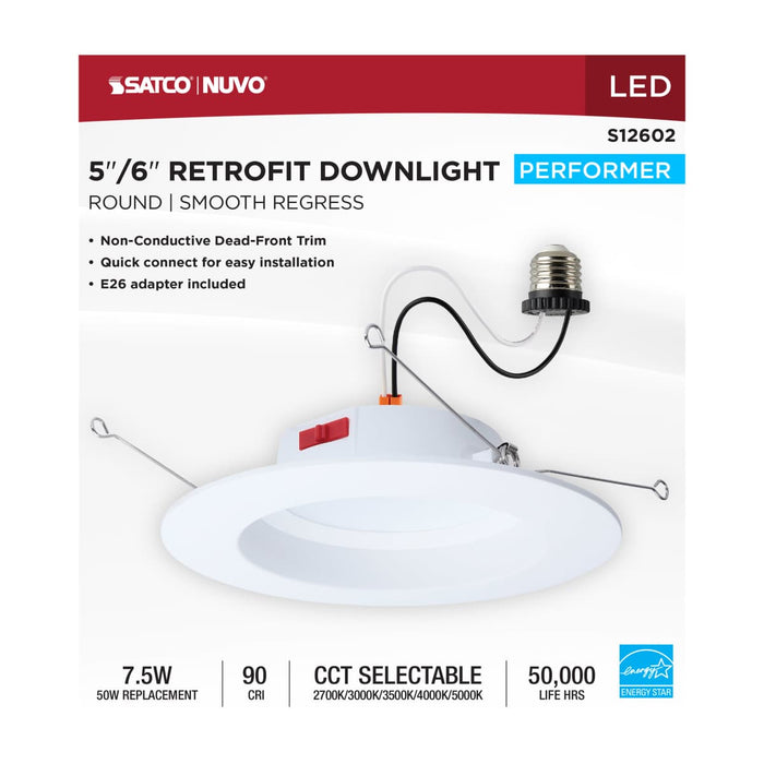 Downlight Retrofit Satco S12602 8 Watt LED Downlight Retrofit - 5-6 Inch - CCT Selectable - Round - White Finish Satco