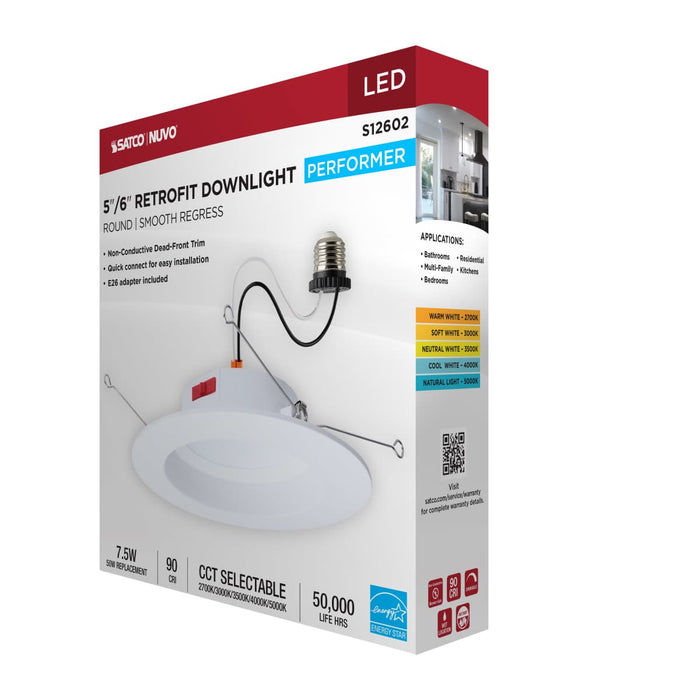 Downlight Retrofit Satco S12602 8 Watt LED Downlight Retrofit - 5-6 Inch - CCT Selectable - Round - White Finish Satco
