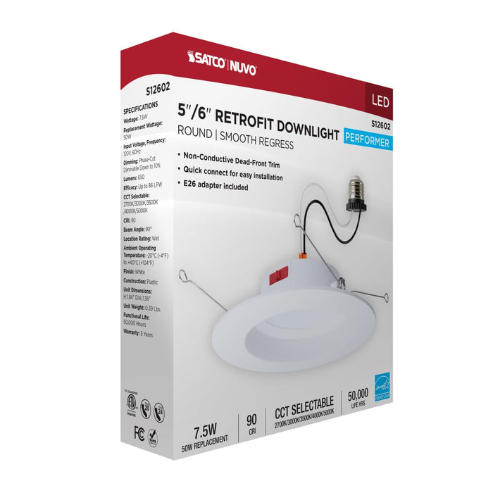 Downlight Retrofit Satco S12602 8 Watt LED Downlight Retrofit - 5-6 Inch - CCT Selectable - Round - White Finish Satco