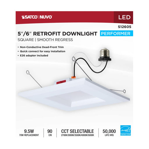 Downlight Retrofit Satco S12605 10 Watt LED Downlight Retrofit - 5-6 Inch - CCT Selectable - Square - White Finish Satco