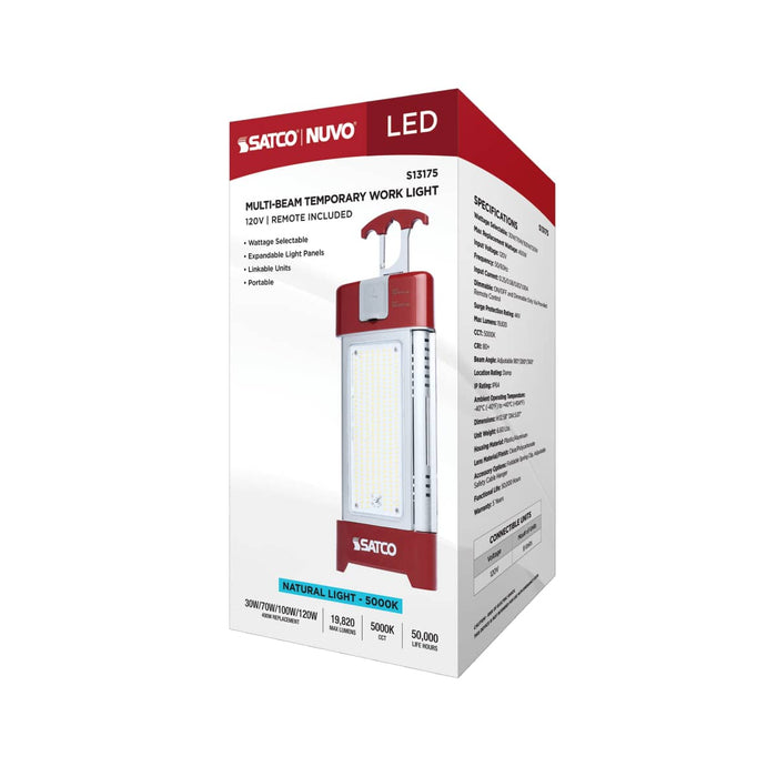 Work Light Satco S13175 30/70/100/120 Watt LED Work Light with Remote - 5000K CCT - Red Finish - 120 Volt Satco