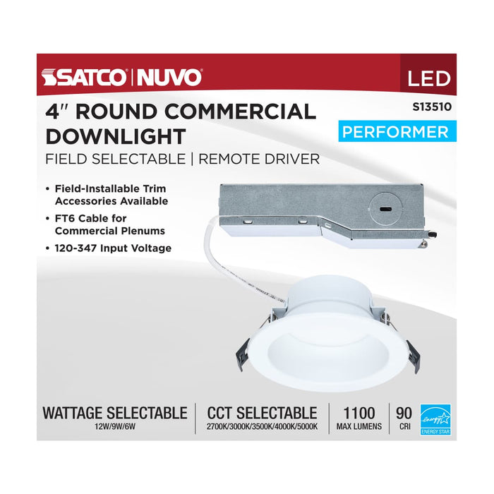 Commercial Downlight Retrofit Satco S13510 12/9/6 Wattage Selectable - 2700K/3000K/3500K/4000K/5000K CCT Selectable - Commercial LED Downlight - 4 in. - Remote Driver - 120-347 volt Satco