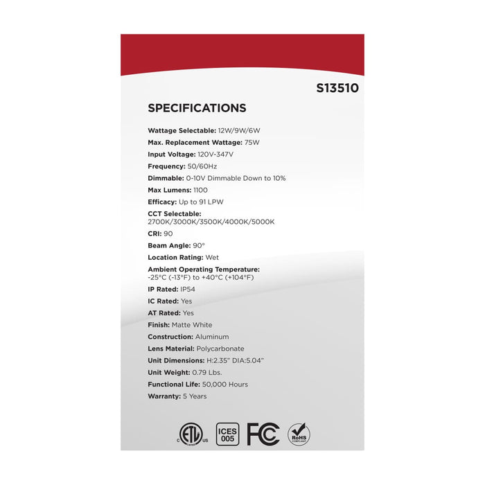Commercial Downlight Retrofit Satco S13510 12/9/6 Wattage Selectable - 2700K/3000K/3500K/4000K/5000K CCT Selectable - Commercial LED Downlight - 4 in. - Remote Driver - 120-347 volt Satco