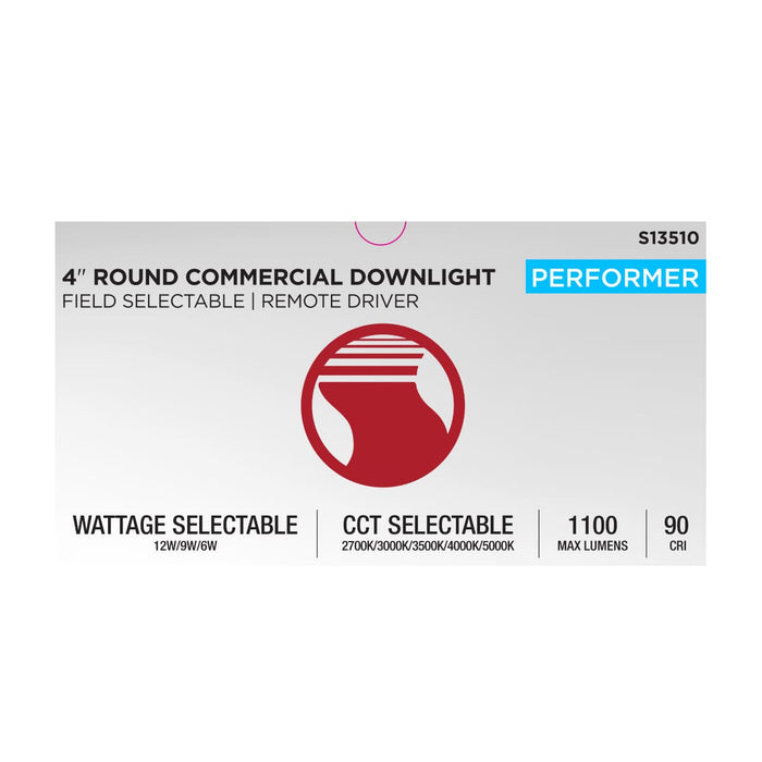 Commercial Downlight Retrofit Satco S13510 12/9/6 Wattage Selectable - 2700K/3000K/3500K/4000K/5000K CCT Selectable - Commercial LED Downlight - 4 in. - Remote Driver - 120-347 volt Satco