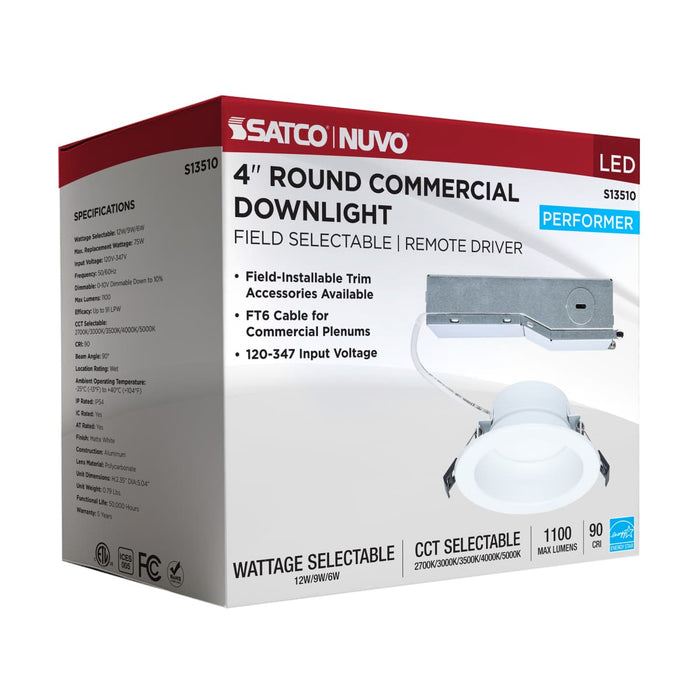 Commercial Downlight Retrofit Satco S13510 12/9/6 Wattage Selectable - 2700K/3000K/3500K/4000K/5000K CCT Selectable - Commercial LED Downlight - 4 in. - Remote Driver - 120-347 volt Satco