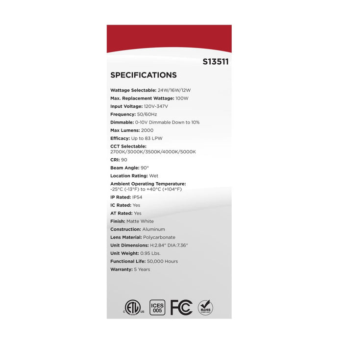Commercial Downlight Retrofit Satco S13511 24/16/12 Wattage Selectable - 2700K/3000K/3500K/4000K/5000K CCT Selectable - Commercial LED Downlight - 6 in. - Remote Driver - 120-347 volt Satco