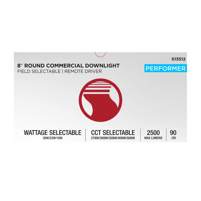Commercial Downlight Retrofit Satco S13512 30/22/16 Wattage Selectable - 2700K/3000K/3500K/4000K/5000K CCT Selectable - Commercial LED Downlight - 8 in. - Remote Driver - 120-347 volt Satco