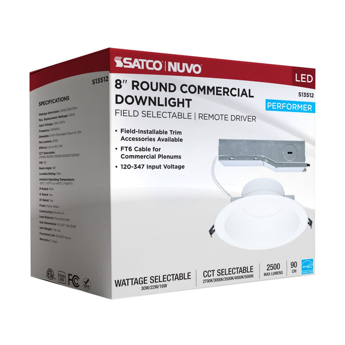 Commercial Downlight Retrofit Satco S13512 30/22/16 Wattage Selectable - 2700K/3000K/3500K/4000K/5000K CCT Selectable - Commercial LED Downlight - 8 in. - Remote Driver - 120-347 volt Satco