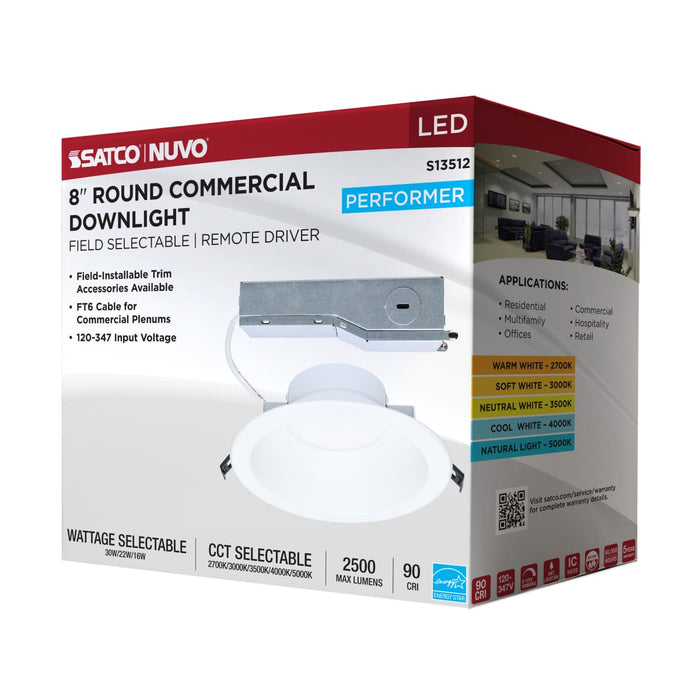Commercial Downlight Retrofit Satco S13512 30/22/16 Wattage Selectable - 2700K/3000K/3500K/4000K/5000K CCT Selectable - Commercial LED Downlight - 8 in. - Remote Driver - 120-347 volt Satco