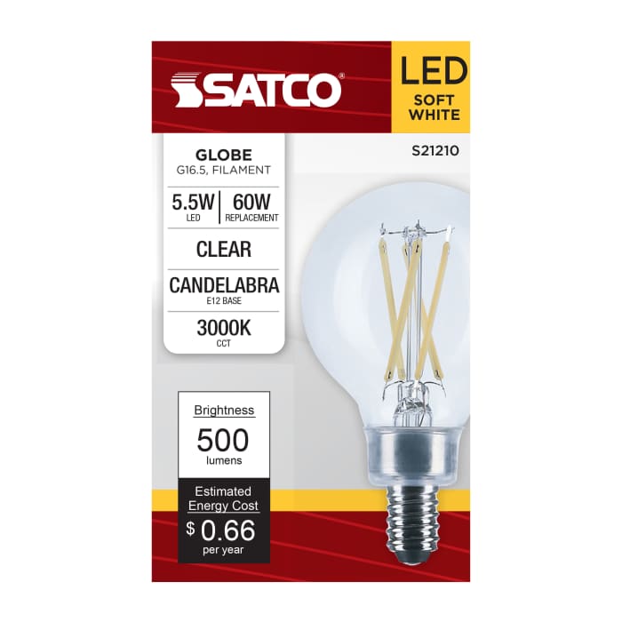 Satco S21210 5.5W G16.5 LED Bulb 3000K 500 Lumens Dimmable E12 Clear LightStoreUSA