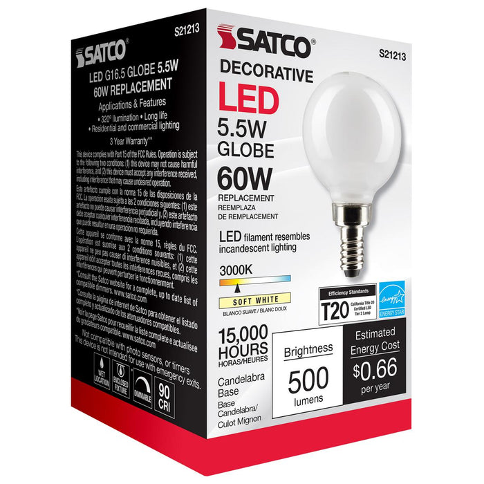 LED G16.5 Satco S12101 G16.5 5.5w LED Candelabra 3000K Bulb Satco