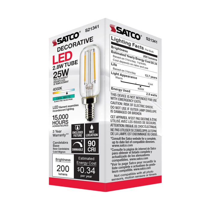 Satco S21341 T6/LED/CL/940/120V/E12 2.8 Watt T6 LED E12 base 4000K LightStoreUSA