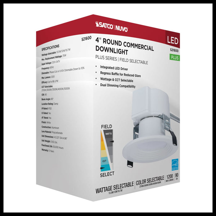 Commercial Downlight Retrofit Nuvo S21600 13.5W Field Selectable LED 4-Inch Commercial Downlight - Dual Dimming - Round - 120-347 Volt Nuvo