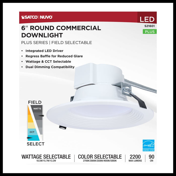 Commercial Downlight Retrofit Nuvo S21601 18.5W Field Selectable LED 6-Inch Commercial Downlight - Dual Dimming - Round - 120-347 Volt Nuvo