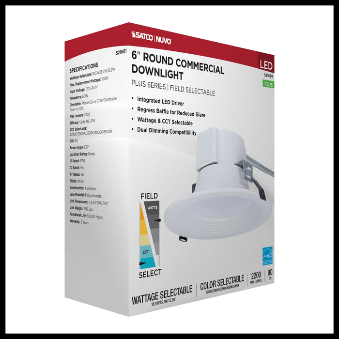Commercial Downlight Retrofit Nuvo S21601 18.5W Field Selectable LED 6-Inch Commercial Downlight - Dual Dimming - Round - 120-347 Volt Nuvo