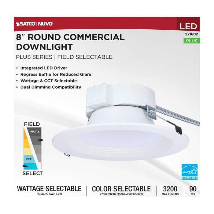 Commercial Downlight Retrofit Nuvo S21602 25.5W Field Selectable LED 8-Inch Commercial Downlight - Dual Dimming - Round - 120-347 Volt Nuvo