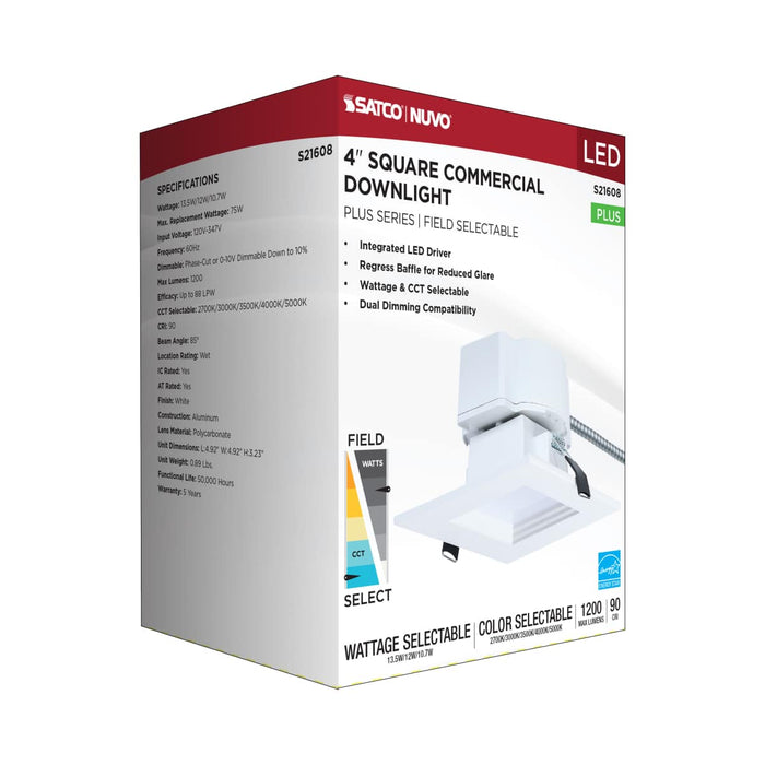 Commercial Downlight Retrofit Nuvo S21608 13.5W Field Selectable LED 4-Inch Commercial Downlight - Dual Dimming - Square - 120-347 Volt Nuvo