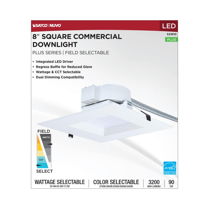 Commercial Downlight Retrofit Nuvo S21610 25.5W Field Selectable LED 8-Inch Commercial Downlight - Dual Dimming - Square - 120-347 Volt Nuvo