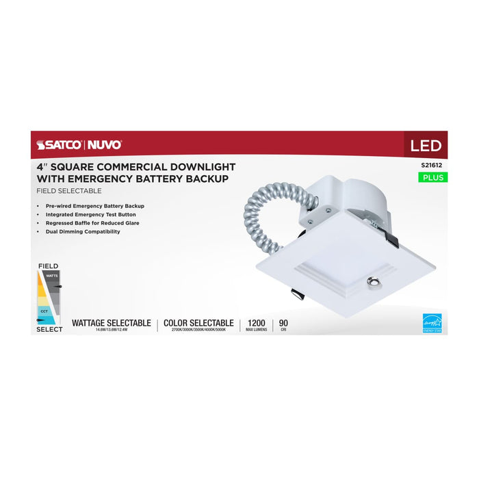 Commercial Downlight Retrofit Nuvo S21612 14.6W Field Selectable LED 4-Inch Commercial Downlight - Dual Dimming - Integrated Emergency Driver - Square - 120-347 Volt Nuvo