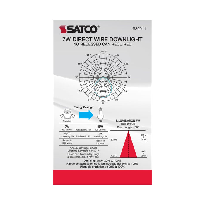 Direct Wire LED Downlight Satco S39011 7 watt LED Direct Wire Downlight - 4 inch: 2700K - 120 volt - Dimmable Satco