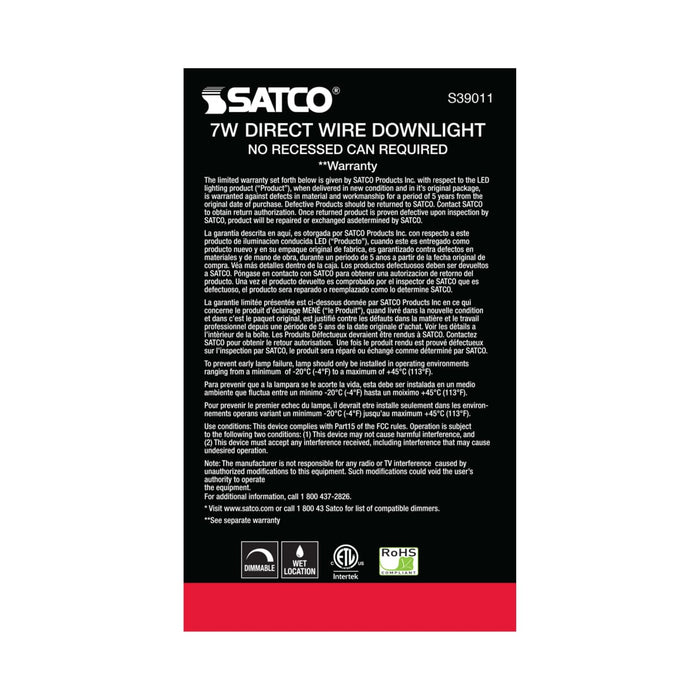 Direct Wire LED Downlight Satco S39011 7 watt LED Direct Wire Downlight - 4 inch: 2700K - 120 volt - Dimmable Satco