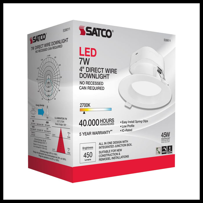 Direct Wire LED Downlight Satco S39011 7 watt LED Direct Wire Downlight - 4 inch: 2700K - 120 volt - Dimmable Satco