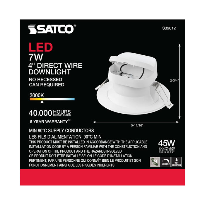 Direct Wire LED Downlight Satco S39012 7 watt LED Direct Wire Downlight - 4 inch - 3000K - 120 volt - Dimmable Satco