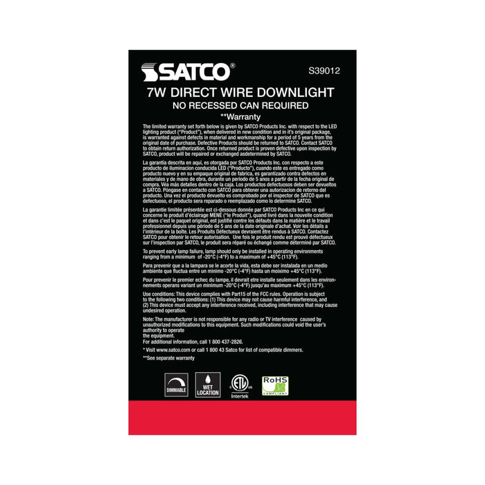 Direct Wire LED Downlight Satco S39012 7 watt LED Direct Wire Downlight - 4 inch - 3000K - 120 volt - Dimmable Satco