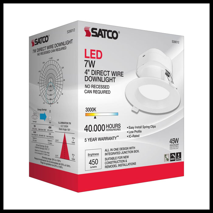 Direct Wire LED Downlight Satco S39012 7 watt LED Direct Wire Downlight - 4 inch - 3000K - 120 volt - Dimmable Satco
