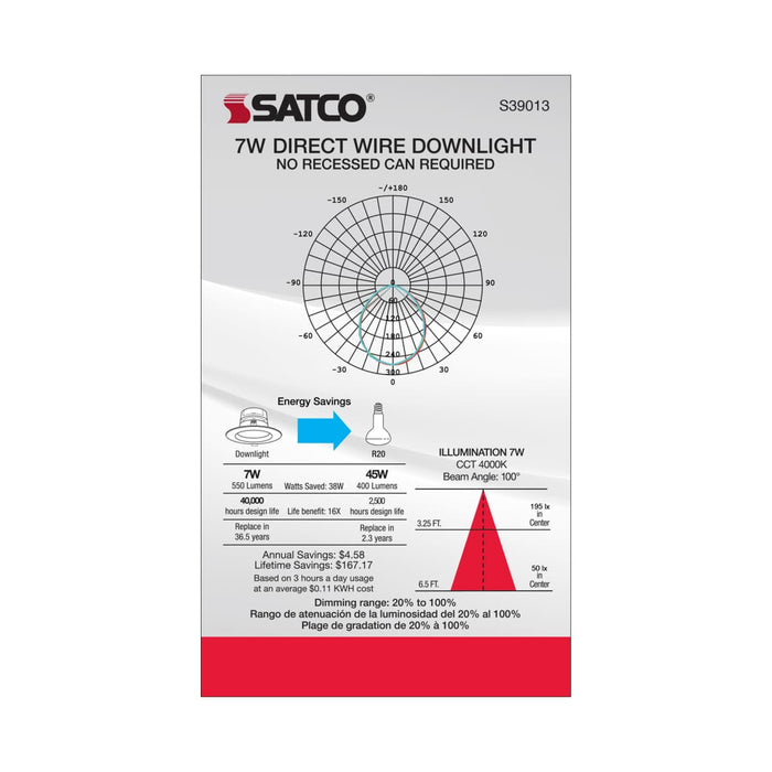 Direct Wire LED Downlight Satco S39013 7 watt LED Direct Wire Downlight - 4 inch - 4000K - 120 volt - Dimmable Satco