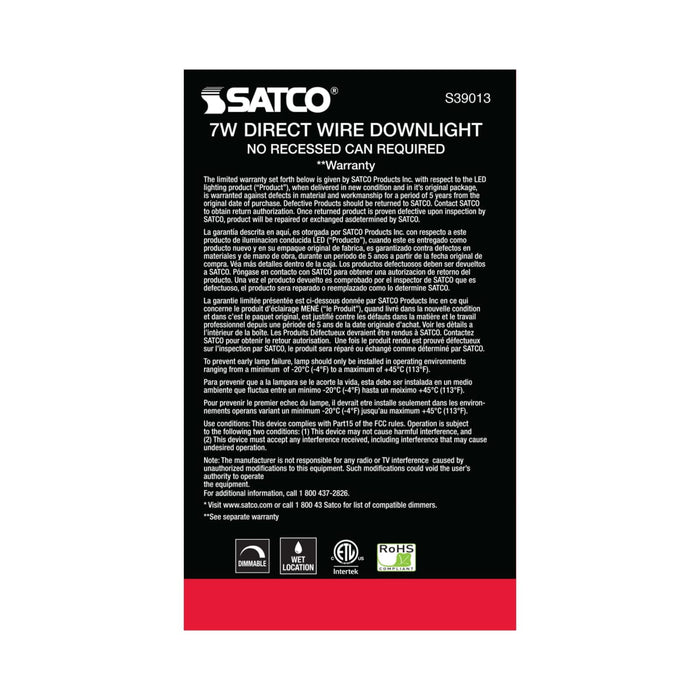 Direct Wire LED Downlight Satco S39013 7 watt LED Direct Wire Downlight - 4 inch - 4000K - 120 volt - Dimmable Satco