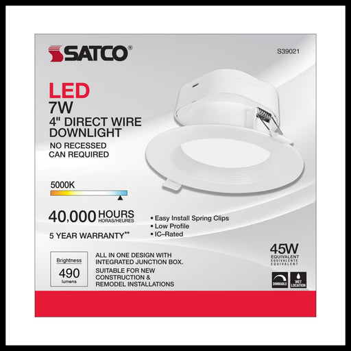 Direct Wire LED Downlight Satco S39021 7 watt LED Direct Wire Downlight - 4 inch - 5000K - 120 volt - Dimmable Satco
