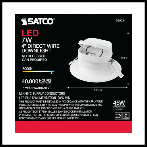 Direct Wire LED Downlight Satco S39021 7 watt LED Direct Wire Downlight - 4 inch - 5000K - 120 volt - Dimmable Satco