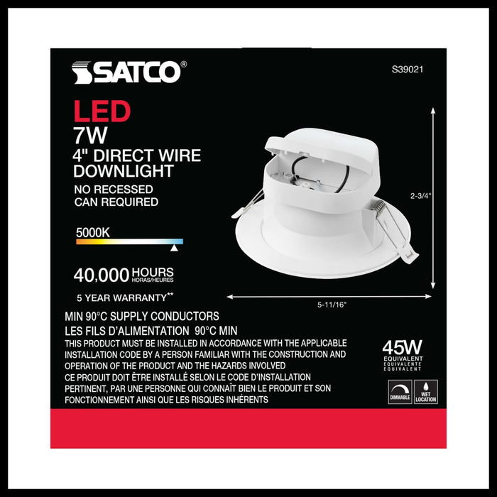 Direct Wire LED Downlight Satco S39021 7 watt LED Direct Wire Downlight - 4 inch - 5000K - 120 volt - Dimmable Satco