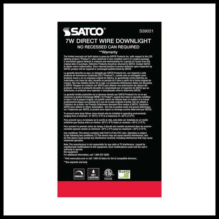 Direct Wire LED Downlight Satco S39021 7 watt LED Direct Wire Downlight - 4 inch - 5000K - 120 volt - Dimmable Satco