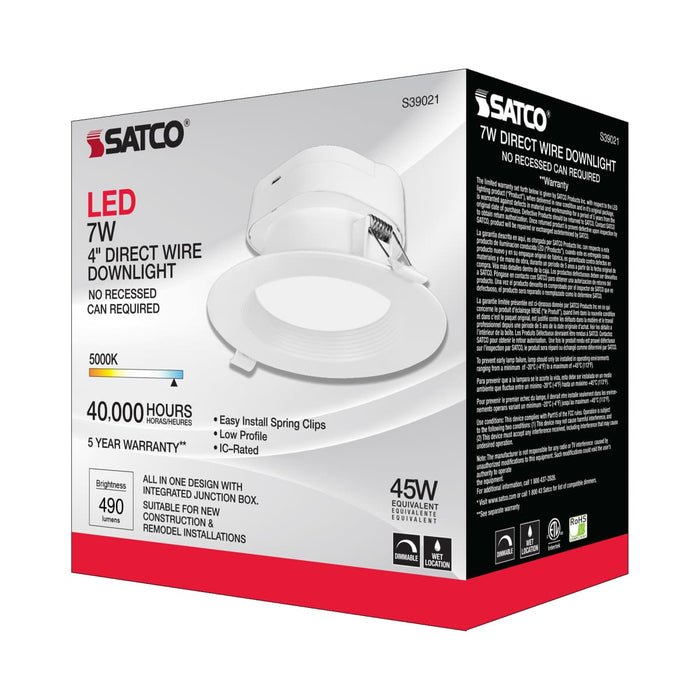 Direct Wire LED Downlight Satco S39021 7 watt LED Direct Wire Downlight - 4 inch - 5000K - 120 volt - Dimmable Satco